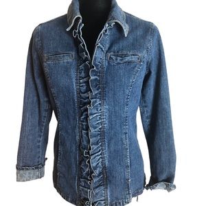 Super cool RXB fitted denim jacket with ruffled front & button closure., size S